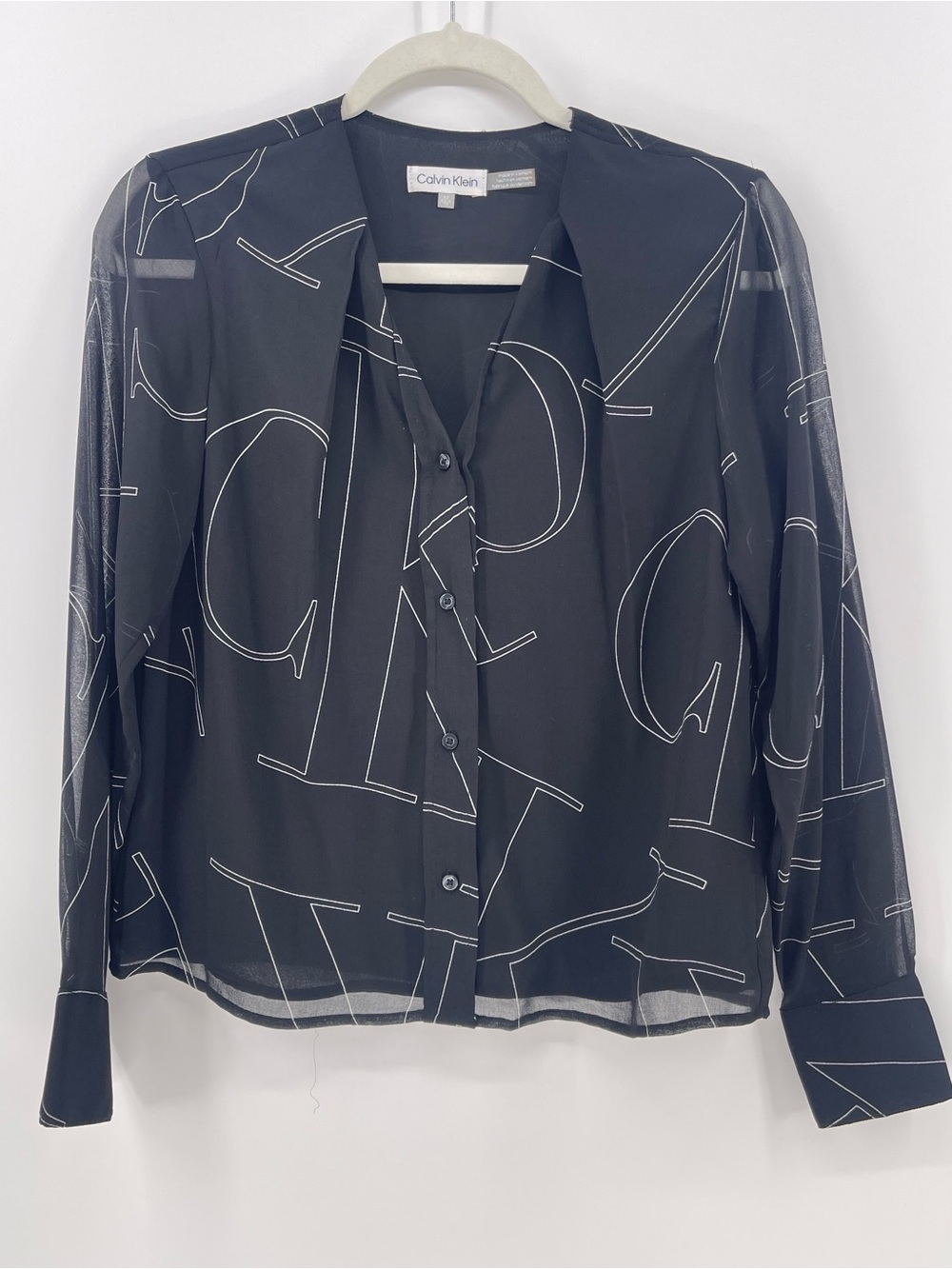 Calvin Klein Black Sheer Logo-Print Button Down Blouse